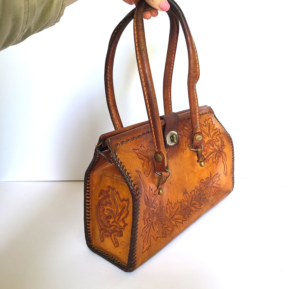 Vintage Brown Leather Tooled Handbag Western Boho Turn‎ Lock Festival Rustic - Picture 4 of 10